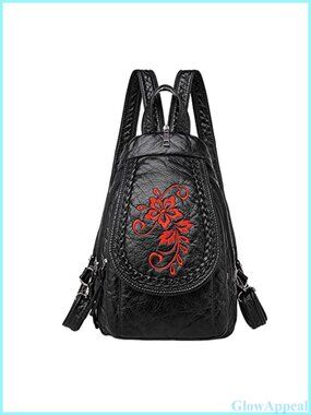 Embroidered Soft PU Leather Women Backpack Travel Bag